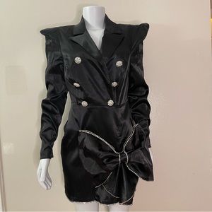 Double breasted black satin blazer tied with a bow dress rhinestones details